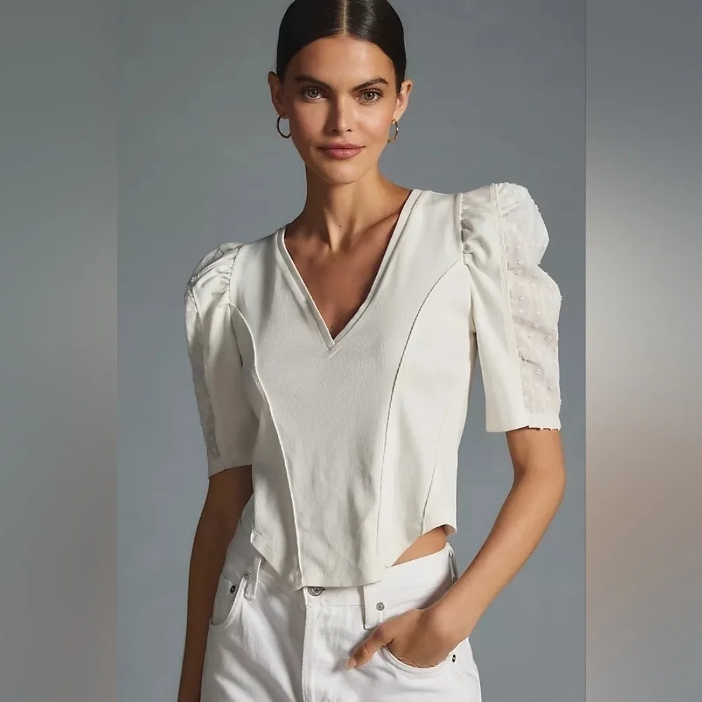 By Anthropologie Puff-Sleeve Structured V-Neck Tee Blouse Top in White Size LG